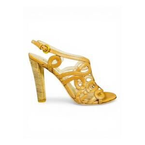 Prada Laser Cut Cage Sandals Tan Leather Scrollwork Heels 35.5